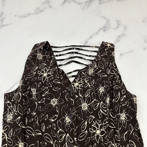 R&K Womens Vintage 90s Maxi Dress Size 14 Brown Cream Floral Button Trim Cottage - Picture 2 of 9